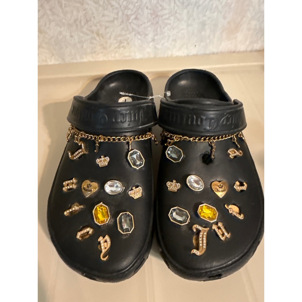 Juicy Couture Cristal Black Clog Sandals Gold Charms Crystals Womens 7